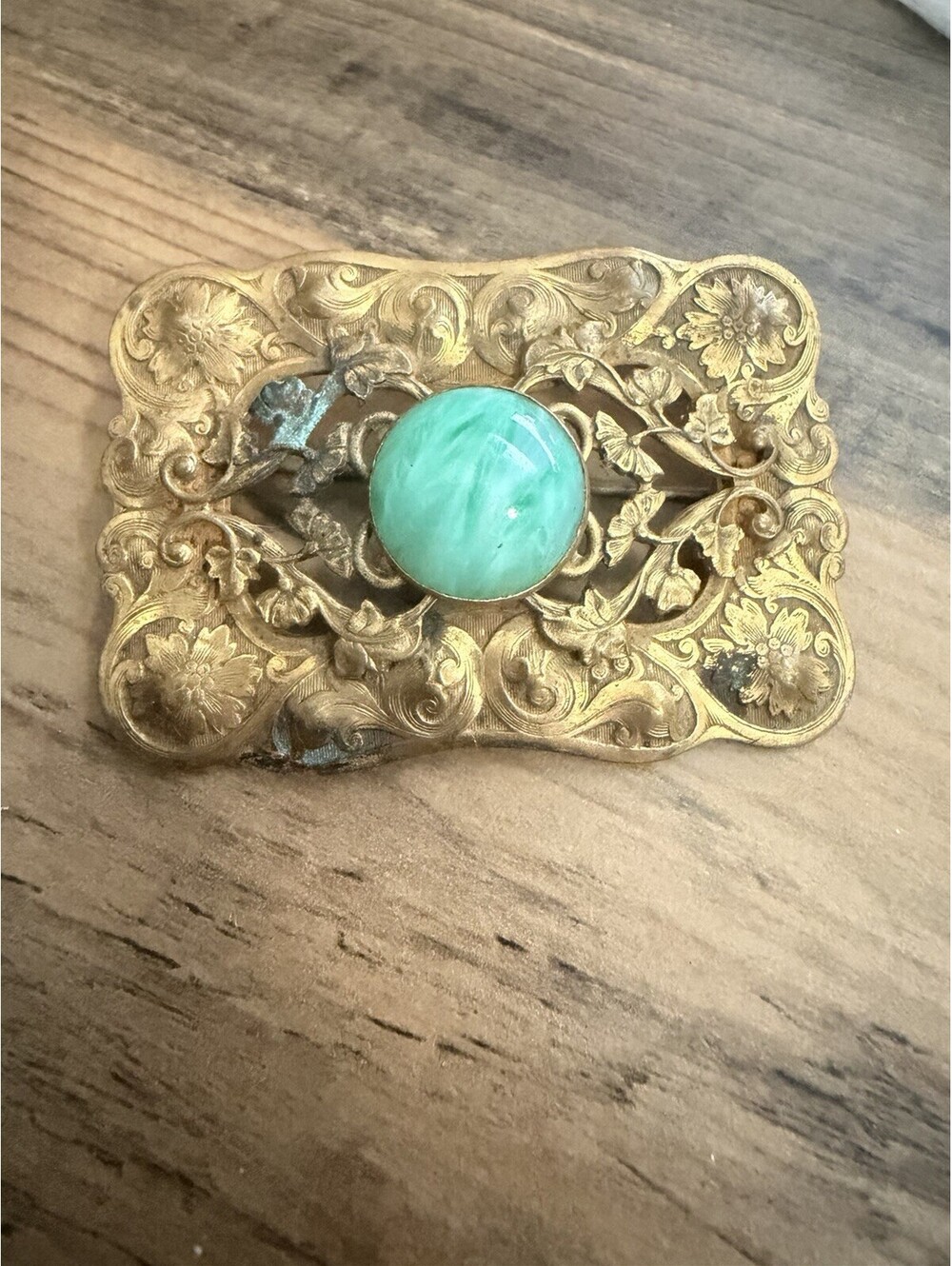 Antique Victorian Edwardian Green Glass Cabochon Floral Engraved Brooch Pin